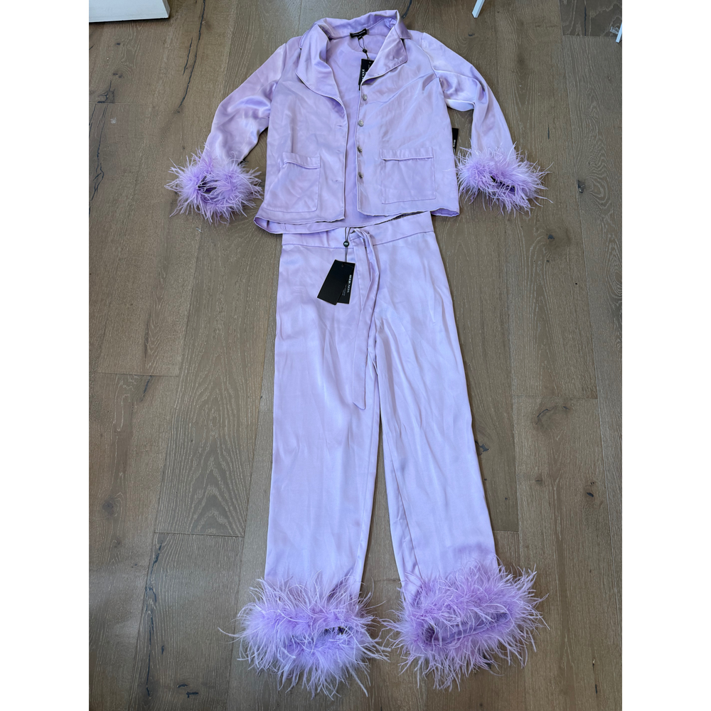 Nadine Merabi Lavender Feather Trim Pyjama Set in Purple - Picture 4 of 4